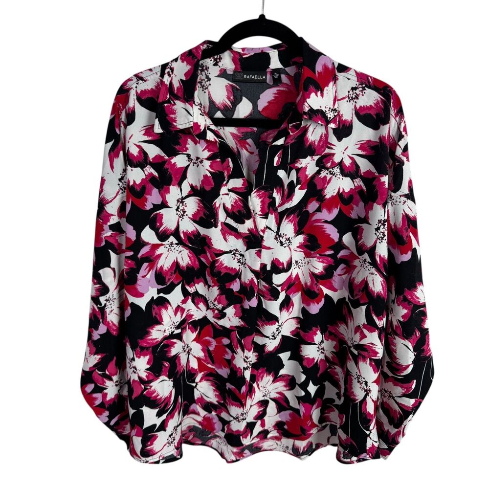 Rafaella Women's Blouse Size XL Pink/Black/White Floral Print Long Sleeves
